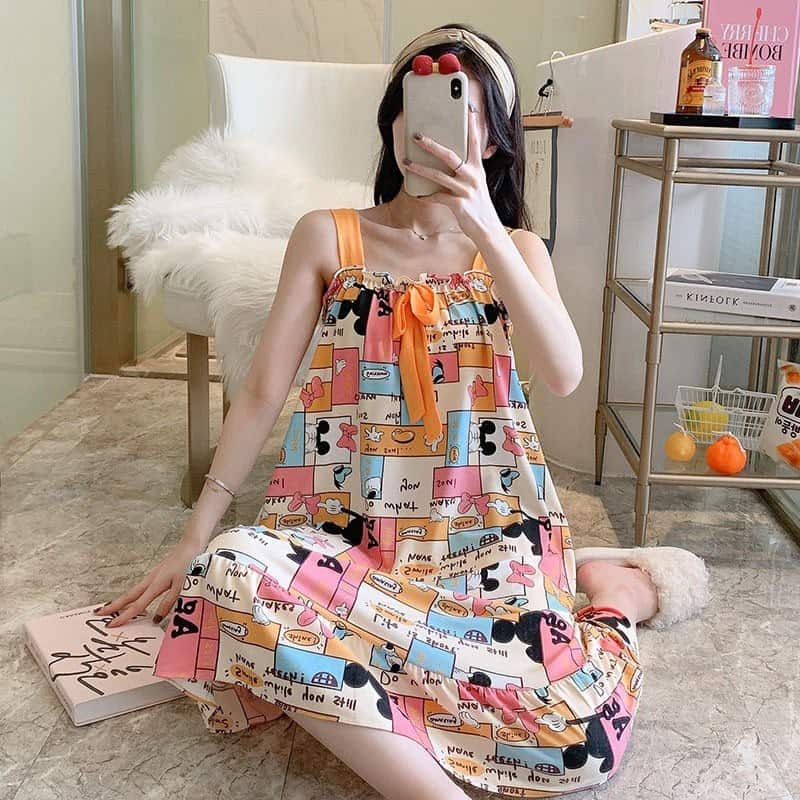 Váy ngủ lụa 2 dây phối ren ngực họa tiết hoa cúc N305 VINGO  Vingo Việt Nam