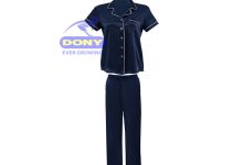 Bộ Pijama Mặc Nhà Nam Nữ Đa Dạng Kiểu Dáng Chất Liệu Vải Lụa Bóng Cao Cấp Thoáng Mát Mỏng Nhẹ Màu Xanh Tím Than Sang Trọng Phối Viền Trắng