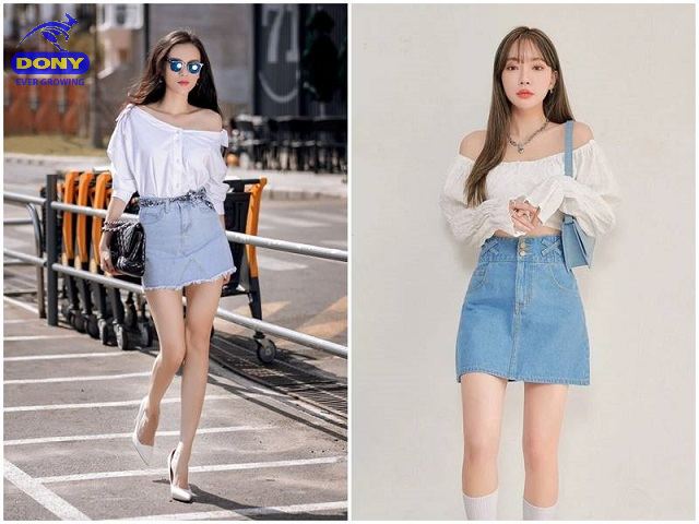 Áo Trễ Vai Kết Hợp Với Chân Váy Jean Xẻ Tà