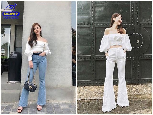 Áo Trễ Vai Kết Hợp Với Quần Ống Rộng/Ống Loe