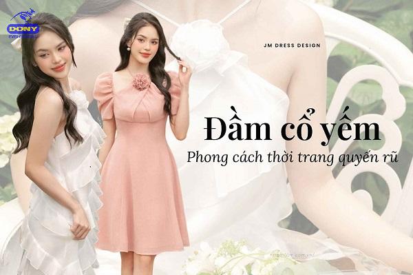 Kiểu đầm cổ yếm dáng dài hiện đại